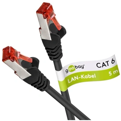Abbildung von Goobay 92749 CAT 6 Kabel Lan Netzwerkkabel für Gigabit Ethernet S FTP doppelt geschirmtes Patchkabel mit RJ45 Stecker, 5m, Schwarz