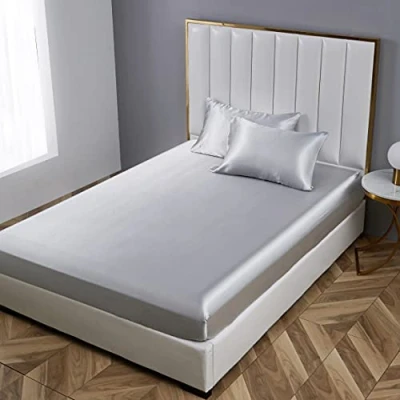 Abbildung von Damier Spannbettlaken 90x200cm Grau Satin Seide Glänzend Bettlaken Hochwertiges Deluxe Unifarben Spannbetttuch, geeignet für Matratzen bis 30cm