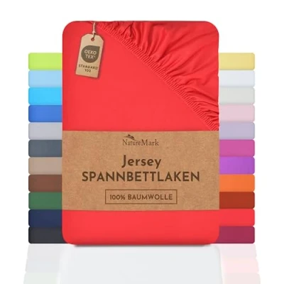Abbildung von NatureMark Jersey Spannbettlaken, Spannbetttuch 100% Baumwolle in vielen Größen und Farben MARKENQUALITÄT ÖKOTEX Standard 100 180 x 200 cm rot