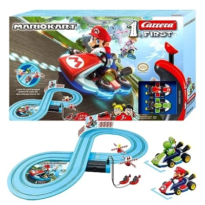 Abbildung von Carrera First Mario Kart Rennbahn Set vs. Yoshi 2 Fahrzeuge inklusive Kreisel Für extra Spielspaß 2,4m Bahnlänge Kinder ab 3 Jahren Batteriebetrieben