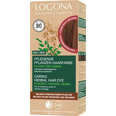 Abbildung von LOGONA Naturkosmetik Pflegende pflanzliche Haarfarbe, Veganes Haarfarbe Pulver mit Bio Henna für intensive Farbe und Glanz, Pflanzenhaarfarbe in Kastanienbraun (Braun), 1 x 100g