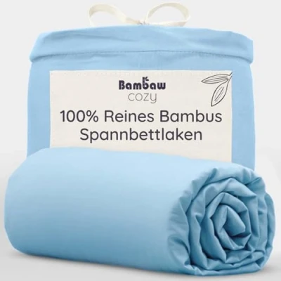 Abbildung von Spannleintuch Hellblau Spannbettlaken Topper 180x200 cm Bambus Stoff Kühlendes Bettlaken Spannbetttuch Allergiker Besser Schlafen Bambaw