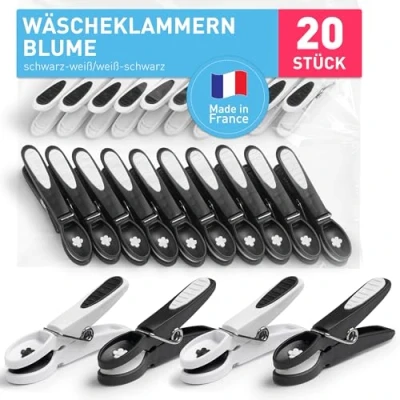 Abbildung von culiclean Wäscheklammern stabil ohne Abdruck 20 Stück weiß schwarz Blume robuste Kunststoff Kluppen Soft Grip Clothes Pegs ideal zum Aufhängen von Wäsche Hosen T Shirts Unterwäsche Socken