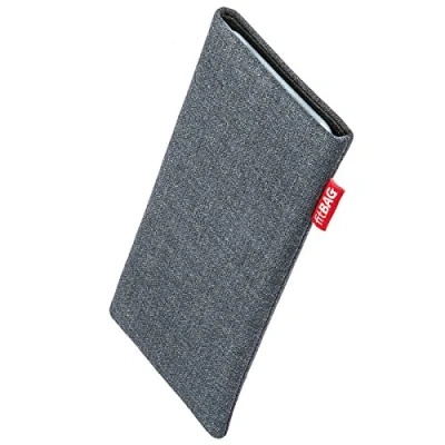Abbildung von fitBAG Jive Grau Handytasche für Apple iPhone 12 Mini/iPhone 13 Mini Tasche aus Textil Stoff mit Microfaserinnenfutter Hülle Reinigungsfunktion Made in Germany