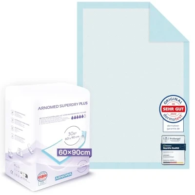 Abbildung von 30x ARNOMED Welpen Unterlagen, Zubehör, 5 lagige Trainingspads für Hunde in 90x60cm, auslaufsichere Pipi Matten Hunde, Puppy Pads absorbierend, Welpentoilette, Hundezubehör kleine
