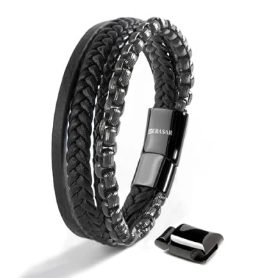 Abbildung von SERASAR Armband Herren 20cm Schwarz Männer Leder Armreif Lederband Herrenarmreif Armschmuck Schmuck Herrenschmuck Armkette Flecht Wickelarmband Kette Leather