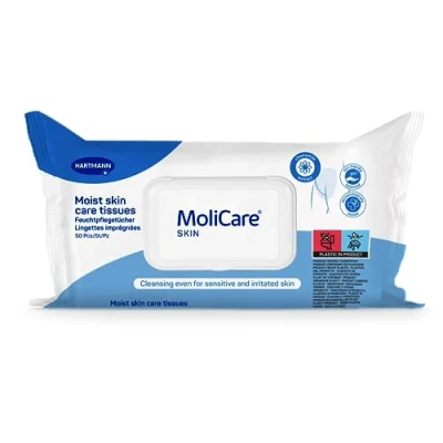 Abbildung von MoliCare Skin Feuchtpflegetücher: pH hautneutrale Reinigung der Haut, die Risiken für Hautschädigungen ausgesetzt ist, wie trockene Altershaut oder bei Inkontinenz,50 Stück