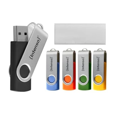 Abbildung von Intenso Basic Line 5X 16 GB USB Sticks 2.0 mit praktischen Beschriftungsetiketten, Gelb, Grün, Schwarz, Blau + Orange, silbernem Metallbügel, 5er Pack