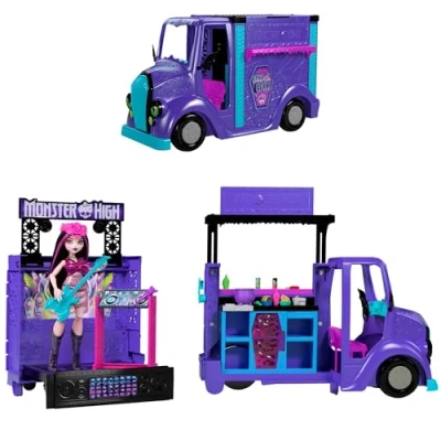 Abbildung von Monster High Draculaura Puppe und Spielset, Fangtastic Food Truck mit ausklappbarer Bühne über 13 passenden Küchen Musikzubehörteilen, HXH83