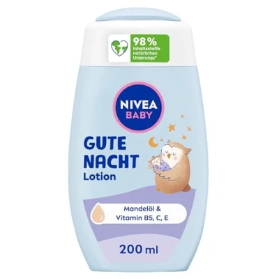 Abbildung von NIVEA Baby Gute Nacht Lotion, Bodylotion pflegt zarte Babyhaut mit Mandelöl, Vitamin E, C und B5, vegane Lotion hypoallergener Formel ohne Parabene Mikroplastik (200 ml)
