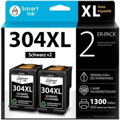Abbildung von Smart Ink Wiederaufbereitete Druckerpatronen als Ersatz für HP 304XL 304 XL (2 Schwarz) Envy 5030 5000 5010 5020 5032 Deskjet 2630 2600 3700 2620 3720 2622 3730 drucker