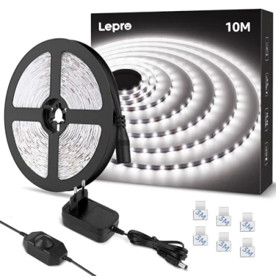 Abbildung von Lepro LED Strip 10M Kaltweiß, Streifen Kaltweiss 6000K Dimmbar, 2835 Band Weiß Selbstklebend, 420 LEDs Superhell Lichtband Leiste mit Netzteil, Lichterkette Kette für Innen Küche Deko