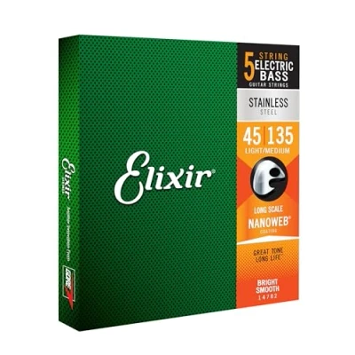 Abbildung von Elixir® Saiten Stainless Steel 5 str. E Basssaiten mit NANOWEB® Beschichtung, Long Scale, Light/Medium (.045 .135)