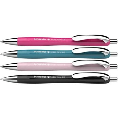 Abbildung von Schneider 132564 Slider Rave XB Kugelschreiber (Limitierte Sonderedition, je 1x schwarz, power pink, teal, pearl, Made in Germany) 4 Stück, Schreibfarbe: blau