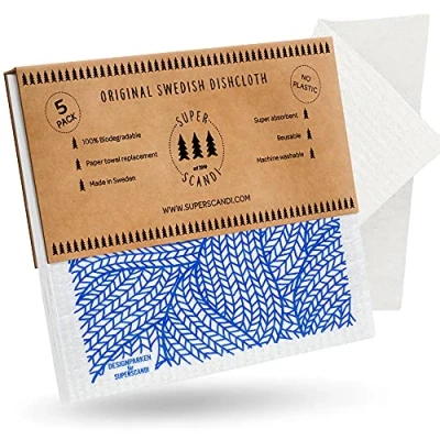 Abbildung von SUPERSCANDI Schweden Geschirrtücher, umweltfreundlich, wiederverwendbar, nachhaltig, biologisch abbaubar, Zellstoff Schwamm, Reinigungstücher für die Küche (5er Pack, Linie Stricken Blau)