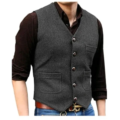 Abbildung von Solovedress Mens Vintage Classic Wolle Anzugweste Formale Regular Fit Weste Anzug für Hochzeit Groomsmen(Grey,M)