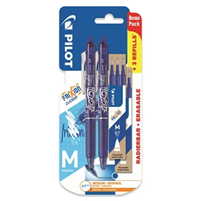 Abbildung von Pilot Frixion Clicker Gelschreiber, einziehbar, radierbar, blaue Tinte, mittlere 0,7 mm Spitze, 2 Stück + 6 Bonus Nachfüllminen