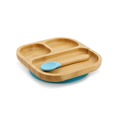 Abbildung von BIOZOYG Bambus Teller Set quadratisch I Saugnapf mit Löffel FSC zertifiziert süßes Holz Schüssel Kleinkind Kinder &amp; Snack Schale Baby Geschirr eckig blau