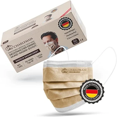 Abbildung von Charlemain 50x OP Masken, Made in Germany, EN 14683 Typ IIR, Medizinischer Mund Nasen Schutz, BFE &gt;99,9% 3 lagig, Latexfrei, MNS, Einweg Gesichtsmasken Beige