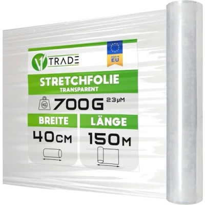 Abbildung von V1 Trade Stretchfolie Transparent folie für möbel Hand umzugfolie 150m x 40 cm Stretchfolienrolle Transparentfolie 23my Verpackungsfolie auf Rolle Wickelfolie Umzugsfolie Dehnung 250%