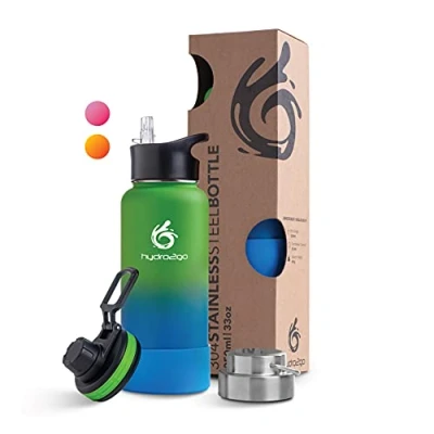 Abbildung von hydro2go ® Trinkflasche aus Edelstahl 1000 ml / 1 Liter für Sport, Fitness &amp; Outdoor Thermo Edelstahlflasche BPA frei + 3 Trinkverschlüsse 100% Auslaufsichere Thermoskanne
