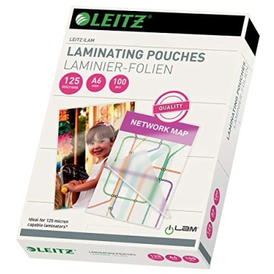 Abbildung von Leitz Heißlaminierfolien A6 125 mic, Hochwertige Laminierfolien im 100er Pack, mit abgerundeten Ecken, transparent, glänzend, ideal für Postkarten, 33806