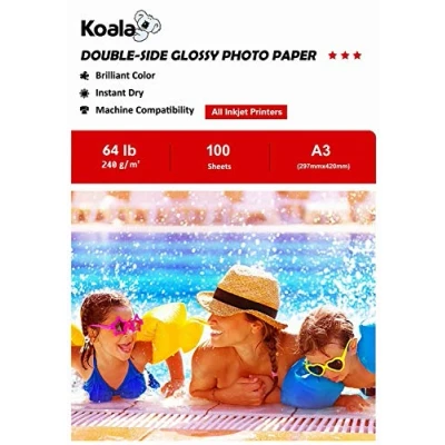 Abbildung von Koala Fotopapier für Tintenstrahldrucker, Doppelseitig, Glänzend, A3, 240 g/m², 100 Blatt. Geeignet zum Drucken von Fotos, Zertifikaten, Broschüren, Flyern, Faltblättern, Grußkarten, Kalendern, Kunst