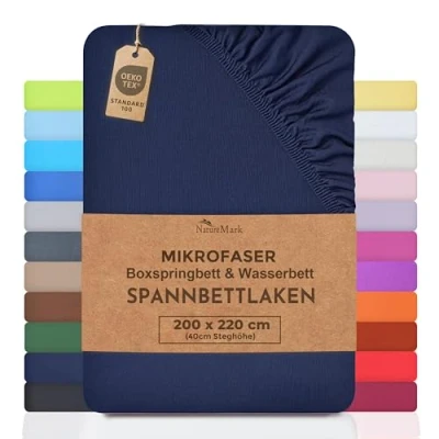 Abbildung von NatureMark Microfaser Boxspringbett &amp; Wasserbett Spannbettlaken 200 x 220 cm 40 Steghöhe 200x220cm Spannbetttuch 100% Polyester, Navy blau
