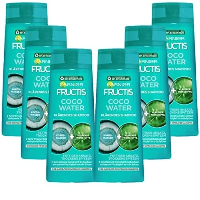 Abbildung von Garnier Klärendes Shampoo gegen einen fettigen Haaransatz und trockene Spitzen, Mit Kokoswasser für kraftvolles Haar, Fructis Coco Water, 6 x 250 ml