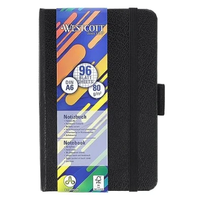 Abbildung von Westcott Notizbuch DIN A6 kariert 192 Seiten im edlen Hardcover Einband 80 g/m² nachhaltiges FSC Mix Papier mit Innentasche, Lesezeichen, Gummizug und Stifthalter E 744843 00
