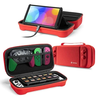 Abbildung von tomtoc Tasche Hülle für Nintendo Switch/Nintendo Switch OLED Modell, Protective Hard Case Tragetasche Konsole, 24 Spiele, Pro Controller, Netzteil und Zubehör, Rot