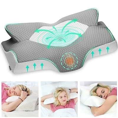 Abbildung von Elviros Orthopädisches Kissen aus Memory Foam, Seitenschläferkissen Nackenstützkissen Kopfkissen Nackenschmerzen Ergonomisches Schlafkissen für Nacken und Schulterschmerzen 64 x 12,5/10,5 38cm, Grau