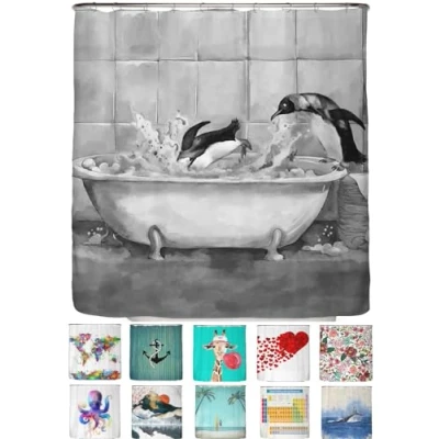 Abbildung von arteneur® Pinguine Anti Schimmel Duschvorhang 180x200 Recycelt mit Öko Tex Standard 100 Beschwerter Saum, Blickdicht, Wasserdicht, Waschbar, 12 Ringe &amp; E Book