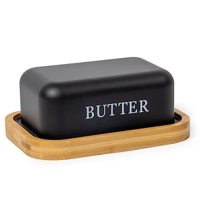 Abbildung von SYLANDO Butterdose , Butterglocke für 250 g Butter Dish aus Edelstahl Butterschale mit Edlem &amp; Nachhaltigem Bambusdeckel (Schwarz 15)