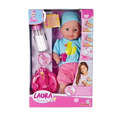 Abbildung von Simba 105010964 Laura Hungry, Weichkörperpuppe mit Schnuller, magischem Löffel, Trinkfläschchen verschwindendem Inhalt und Tellerchen, 38cm, Babypuppe ab 2 Jahren