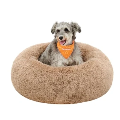 Abbildung von Feandrea Hundebett flauschig, Katzenbett, Donut Kissen, waschbar, Polsterung in der Mitte herausnehmbar, Langer Plüsch, 70 cm Durchmesser, Kamelbraun PGW039K01