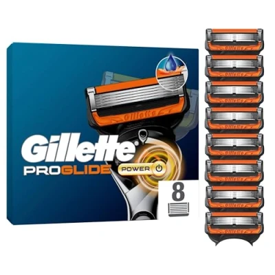 Abbildung von Gillette Fusion5 Proglide Power 8 Ersatzklingen mit 2x Gleitstreifen vor und nach den Klingen neuer EverGlide für unglaubliche Gründlichkeit Komfort