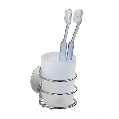 Abbildung von WENKO Turbo Loc® Zahnputzbecher, Befestigen ohne Bohren, Becher aus satiniertem Kunststoff in Weiß, Chrom Halterung zur Wandmontage, 7,5 x 10 9 cm