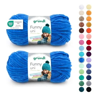Abbildung von Gründl Wolle Funny uni, weiches Chneillegarn zum Stricken und Häkeln aus 100% Polyester, 2 Knäuel (100 g/ 120 m, Nadelstärke: 5 6), Royalblau