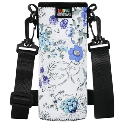 Abbildung von Nuovoware Trinkflaschenhalter, 750ml Premium Neopren Tragbare Isolierte Trinkflaschenhalter Tasche mit Verstellbarem Schultergurt, Edelstahl, Glas / Plastikflaschen, Großformat, Weiß/Blau
