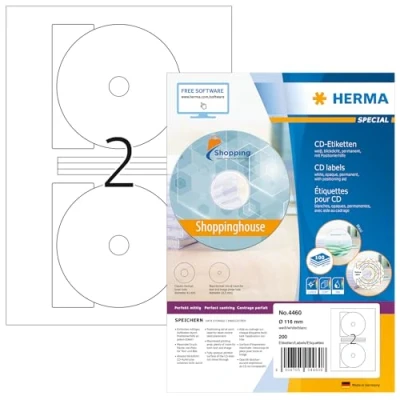 Abbildung von HERMA 4460 CD DVD Etiketten inkl. Zentrierhilfe blickdicht, 100 Blatt, Ø 116 mm MAXI, 2 pro A4 Bogen, 200 Stück, selbstklebend, bedruckbar, matt, blanko Papier Klebeetiketten Aufkleber, weiß