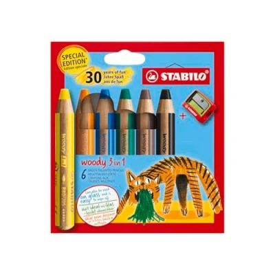 Abbildung von STABILO Buntstift, Wasserfarbe &amp; Wachsmalkreide woody 3 in 1 Geburtstags Edition Tiger 6er Pack mit Spitzer 6 Farben