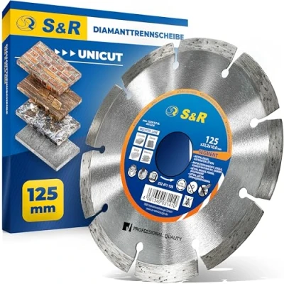 Abbildung von S&amp;R Universal Diamanttrennscheibe 125 mm UNICUT, Für Winkelschleifer, zum Trennen von Beton, Naturstein, Ziegel &amp; Gestein, Trockenschnitt, 10 Segmenthöhe, Bohrung 22,23 mm, extra lange Standzeit