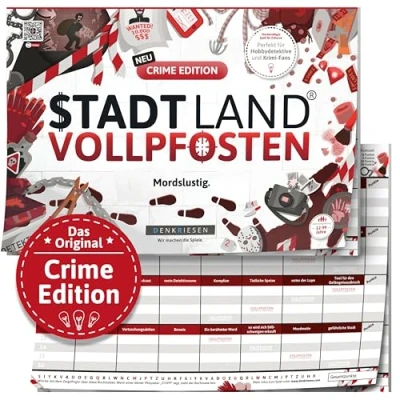 Abbildung von DENKRIESEN Stadt Land VOLLPFOSTEN® Crime Edition Mordslustig. DIN A4 Spielblock Ab 12 Jahren Fluss Familienspiel 50 Blatt Partyspiel Geschenk Spaß
