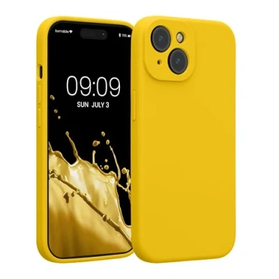Abbildung von kwmobile Handyhülle kompatibel mit Apple iPhone 15 Hülle gummierte Handy Case aus Silikon in Strahlend Gelb