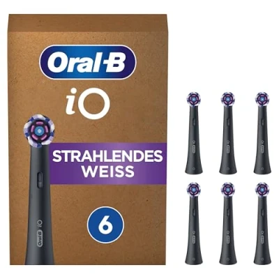 Abbildung von Oral B iO Strahlendes Weiss Aufsteckbürsten für elektrische Zahnbürste, 6 Stück, aufhellende Zahnreinigung, original Zahnbürstenaufsatz Zahnbürsten, briefkastenfähige Verpackung, Black