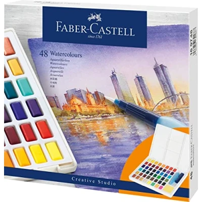 Abbildung von FABER CASTELL 169748 Aquarellfarben in Näpfchen, mit Mischpalette und Wassertankpinsel, 48er Etui