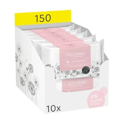 Abbildung von LILLYDOO Feuchttücher mit Präbiotika, 150 Stück (10 x 15), 100% plastikfreies Tuch, ohne Parfüme