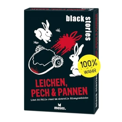 Abbildung von moses. black stories Leichen, Pech &amp; Pannen 50 Rätsel mit realen Fälle rund um skurrile Missgeschicke, Krimi Kartenspiel Spielvariante und Punktechips, Rätselspiel für Jugendliche Erwachsene