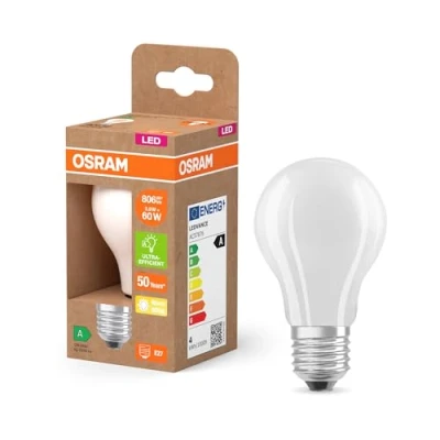 Abbildung von Osram LED Superstar Classic Lampe A 60 in klassischer Kolbenform aus gefrostetem Glas, 3.8 W, 806 lm, E27 Fassung, 2700 K für warmweißes Licht, EEK A, mm Durchmesser, White